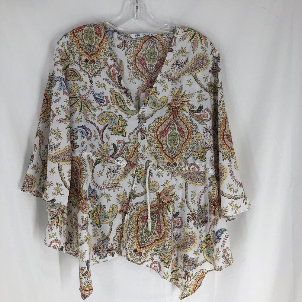 Zara White Multicolor Paisley Drawstring Tunic Blouse V-Neck 3/4 Sleeve S